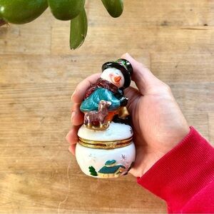 Vintage Cermaic Glazed Snowman Jewelry Trinket Box